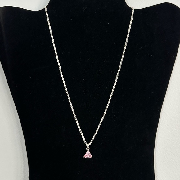 Trillion Cut Pink Necklace, Sterling Silver Pink CZ and Earrings - Picture 3 of 4